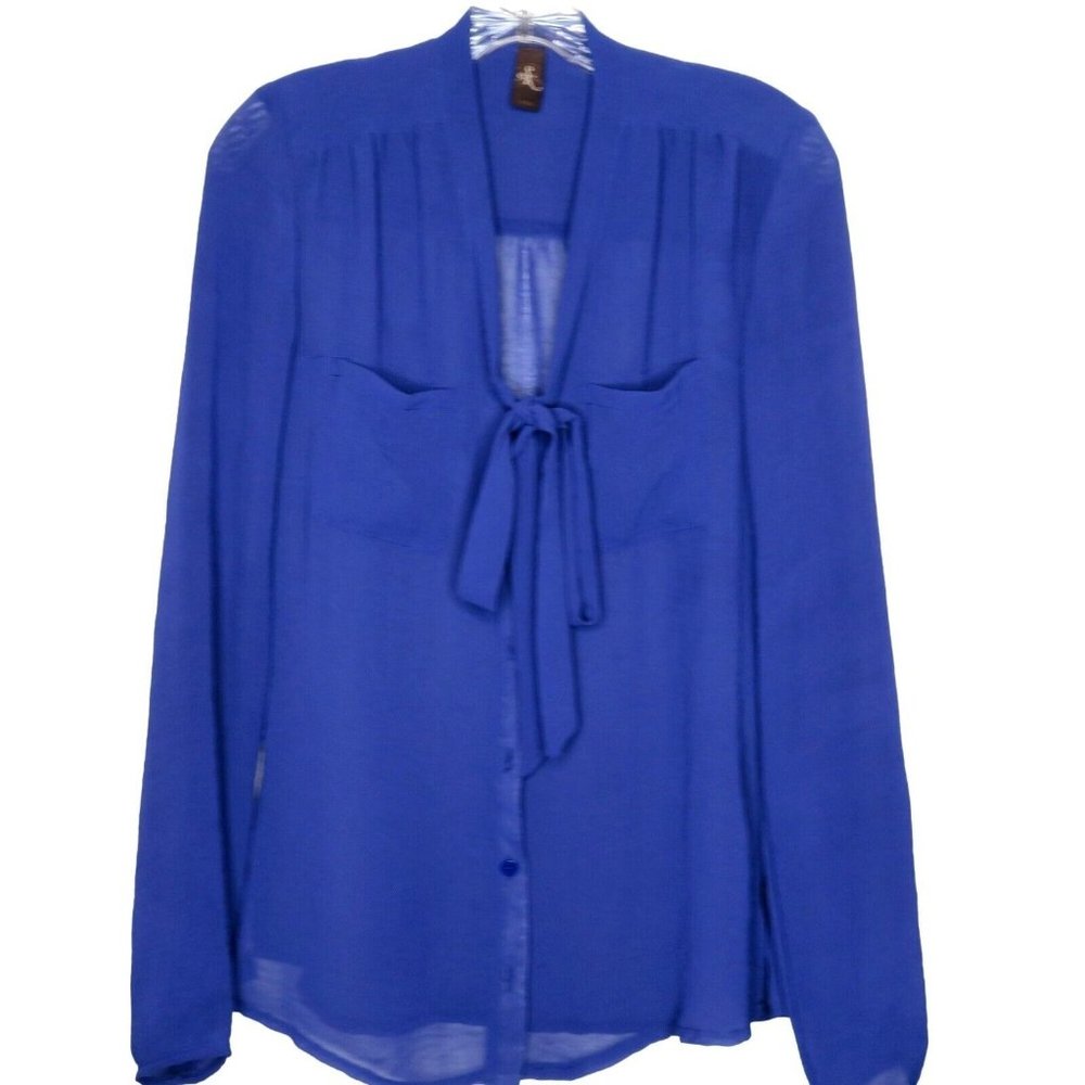 Vintage Sheer Silk Shirt Blouse S Royal Blue Tie Front Pockets Long Sleeve USA